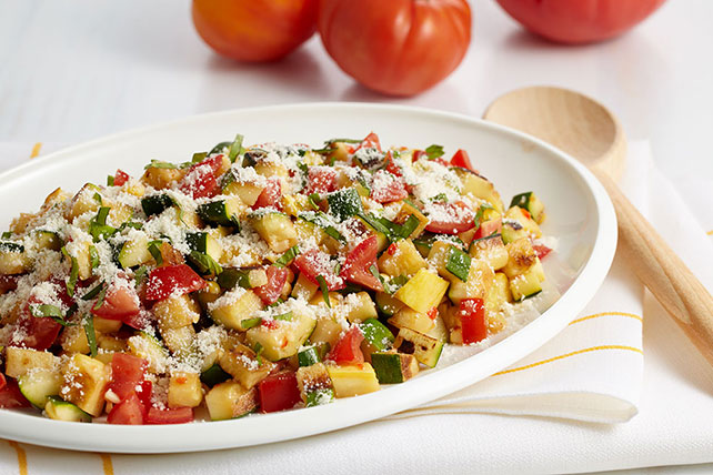 grilled garden salad in serving dish on kitchen island