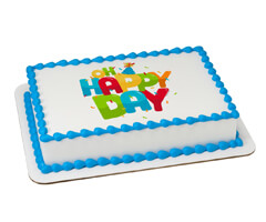 White sheet cake with Happy Day words