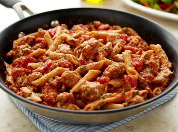 no cook summer dinner recipes: skillet ziti with ground pork