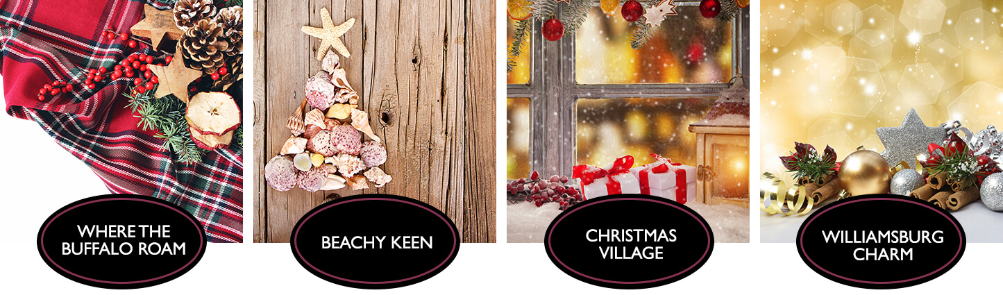 Where the Buffalo Roam, Beachy Keen, Christmas Village, and Williamsburg Charm