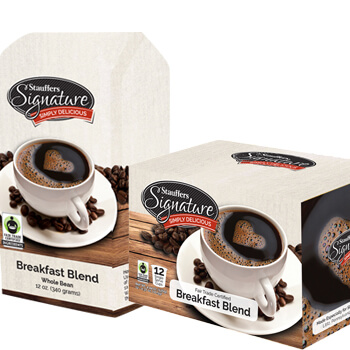 stauffers signature k-cups and ground coffee packages