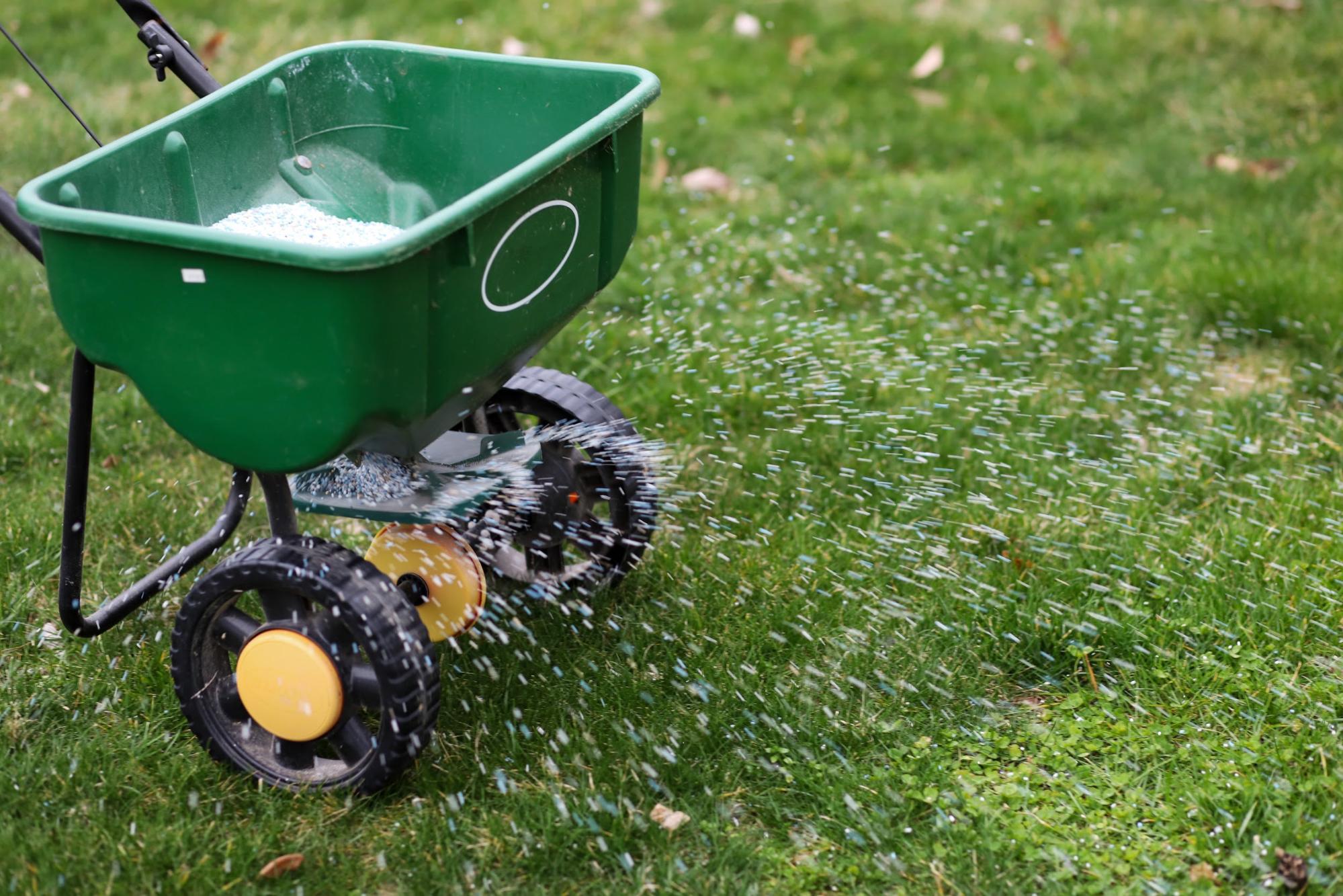 Fertilizing the back yard to grow a healthier lawn.