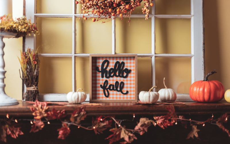 A display of fall home decor trends including pumpkins and foliage.