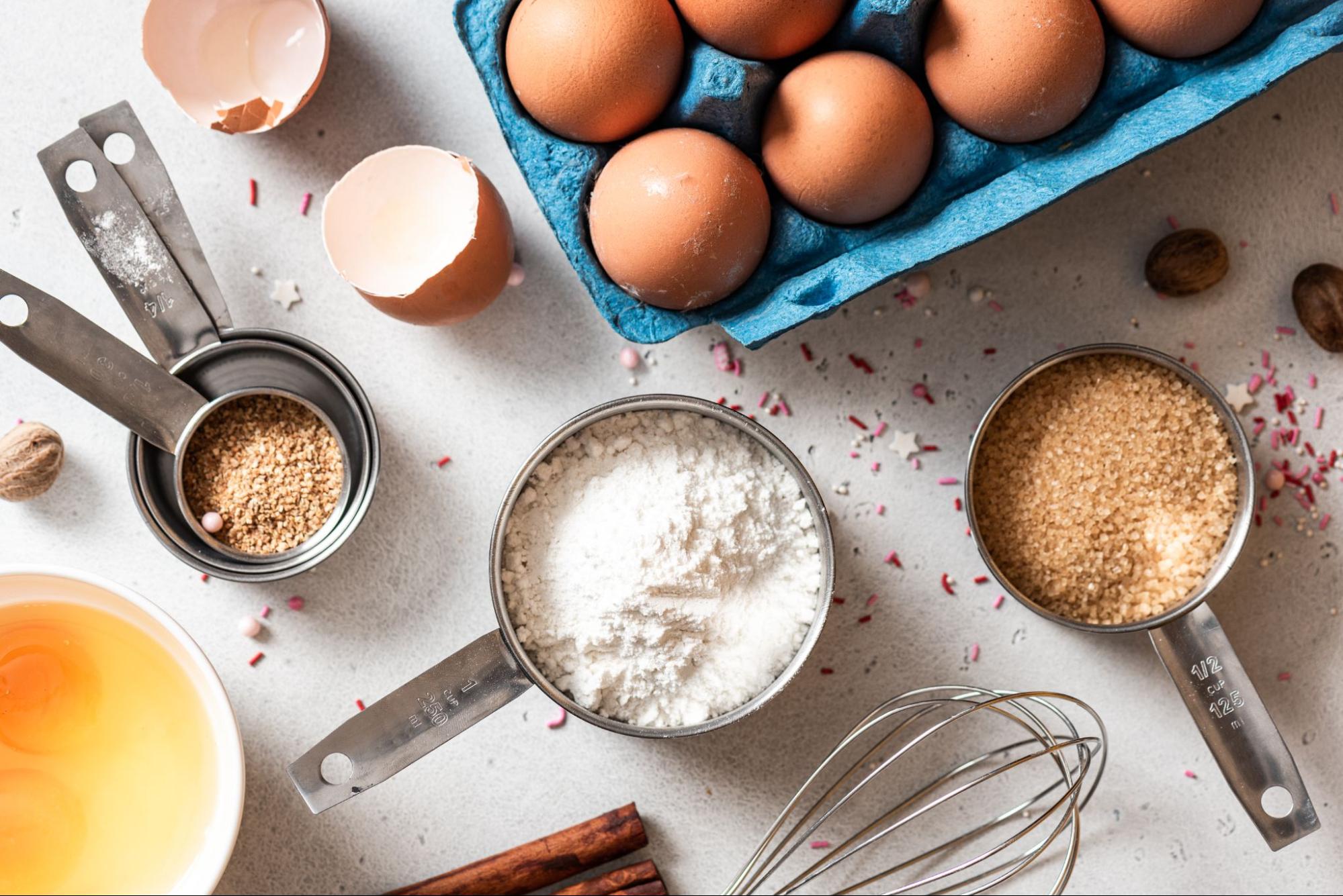 Baking ingredients laid out on a kitchen counter