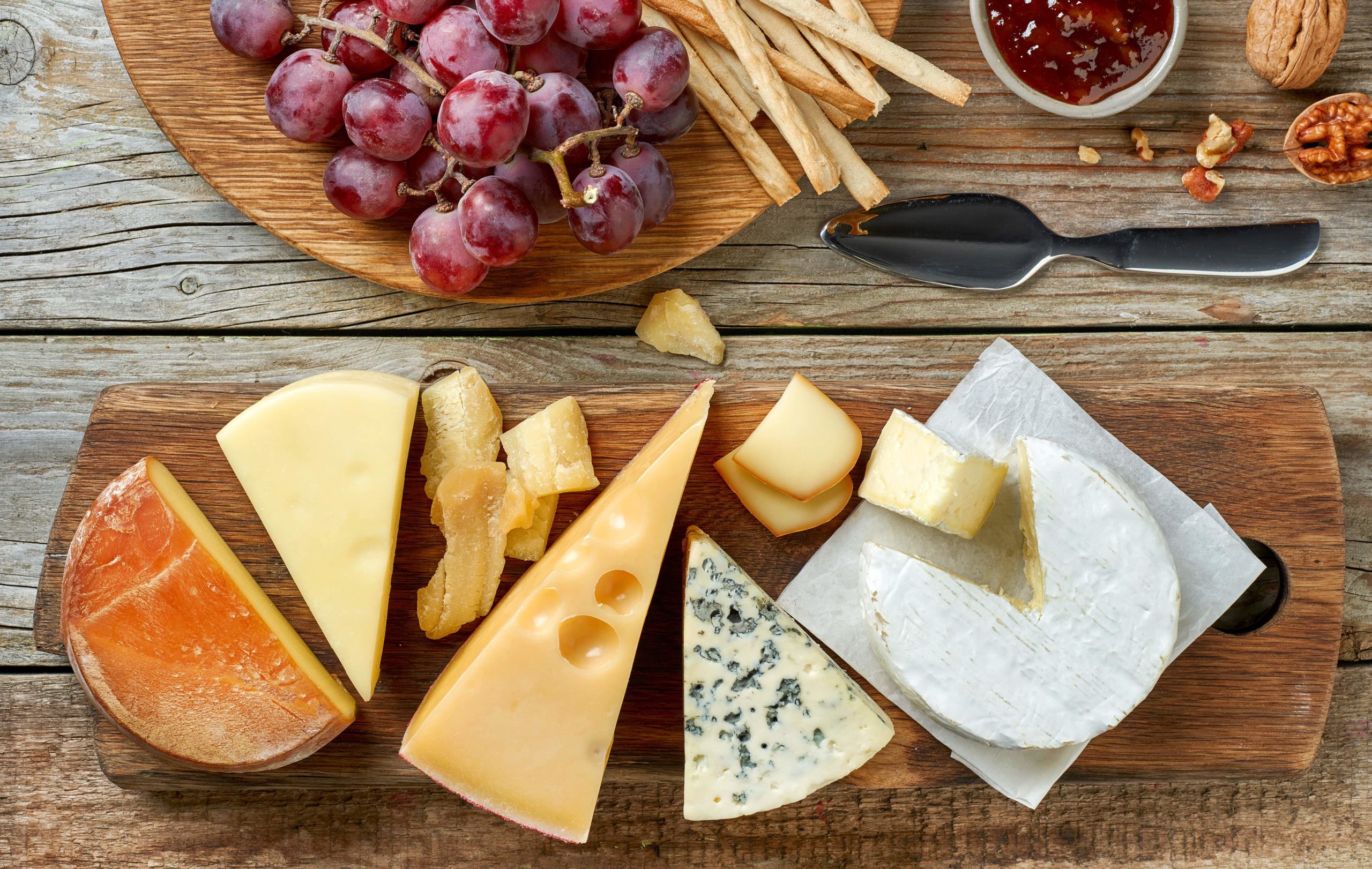 Variety of cheeses on a charcuterie board