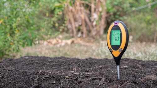 pH tester sticking out of a pile of soil