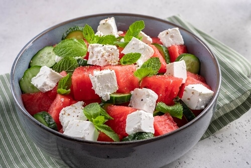 salad with watermelon and chunks of feta cheese