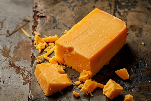 a wedge of cheddar cheese sits on a counter